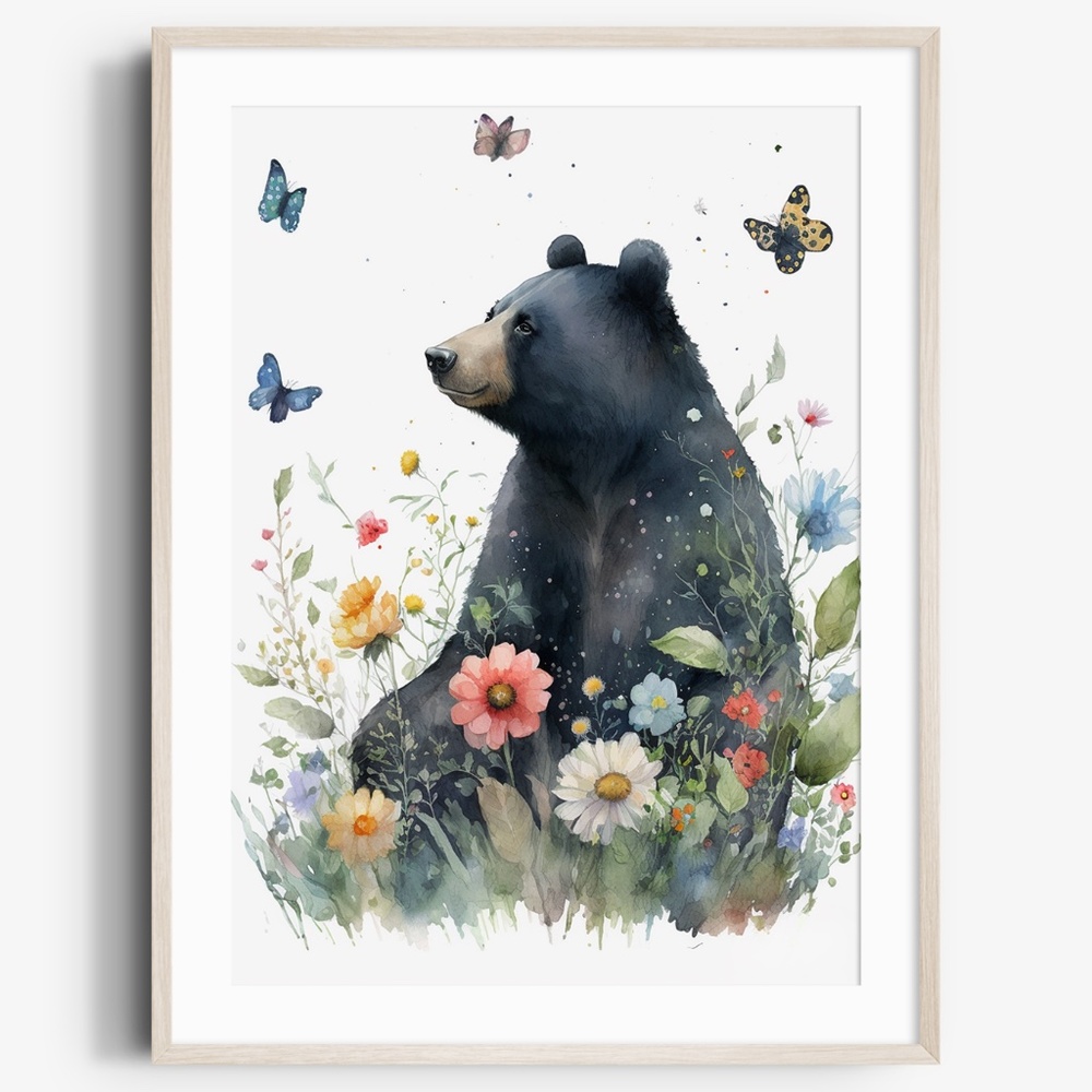 Floral Black Bear Watercolor Portrait Wall Art Illustration Print Unframed - Picture 1 of 6